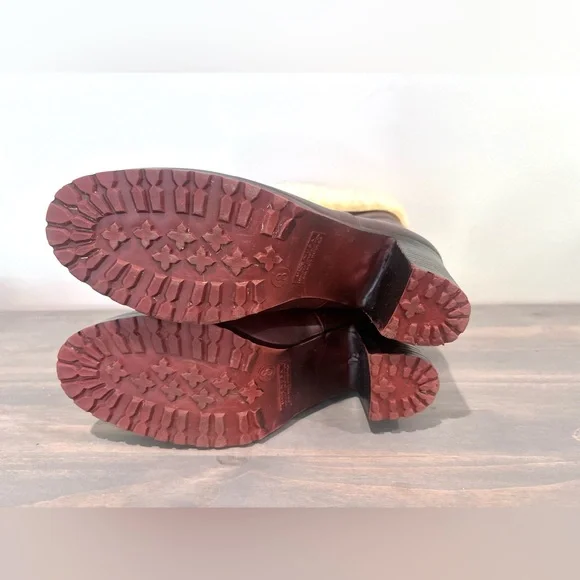 Womens Reddish Brown W Beige Fuzzy Faux Fur Heeled Booties Boots Size 8 - Picture 13 of 16